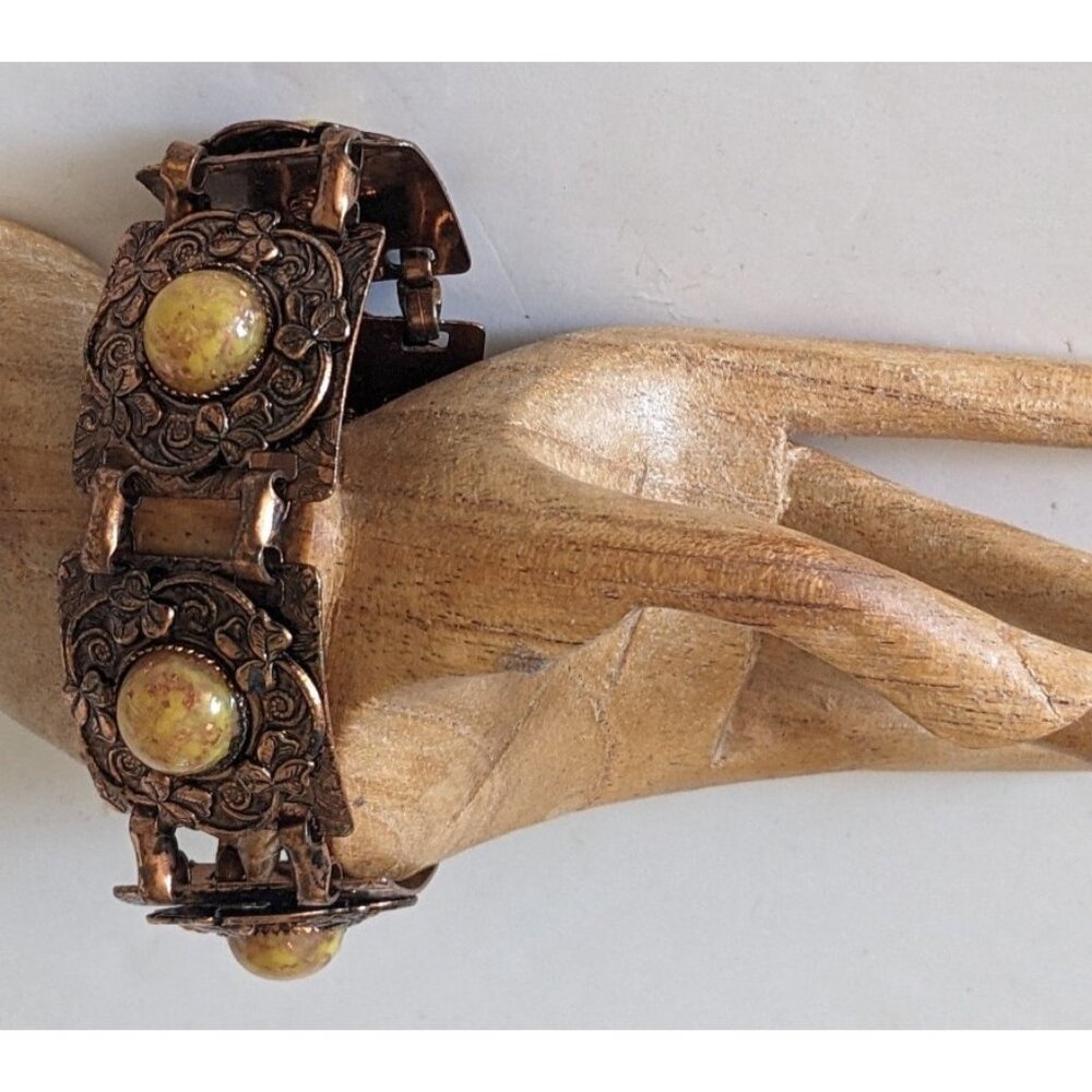 Vintage Copper Ornate Bracelet Celtic Shamrock  Motifs Yellow Cabochons Clasp